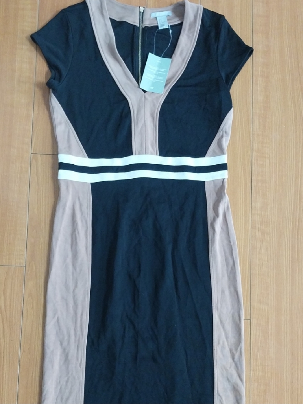 H&M Black & Taupe V-Neck Colorblock Midi Dress Sz Size LARGE L
